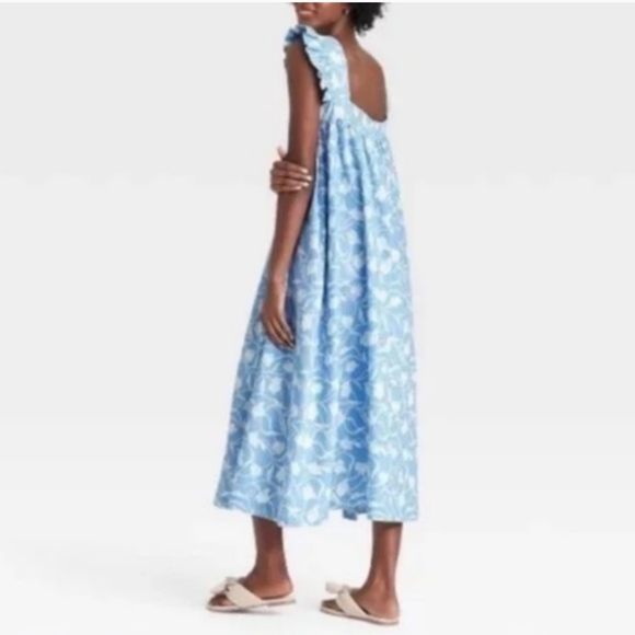 A NEW DAY LINEN BLEND RUFFLE SLEEVE FLORAL BLUE AND WHITE ALINE DRESS - Picture 2 of 8